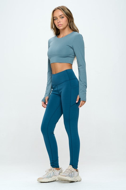 OTOS Active Two Tone Long Sleeve Crop Top & Leggings Activewear Set in 4 Colors