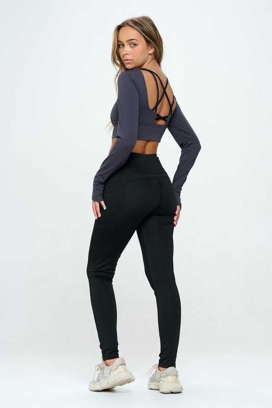 OTOS Active Two Tone Long Sleeve Crop Top & Leggings Activewear Set in 4 Colors