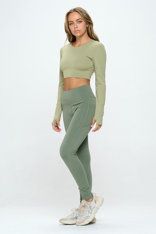 OTOS Active Two Tone Long Sleeve Crop Top & Leggings Activewear Set in 4 Colors