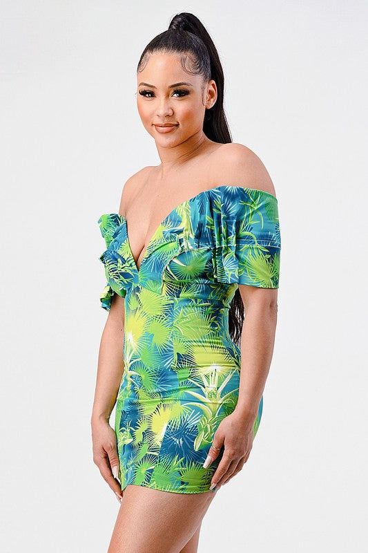 ATHINA Neon Garden Off Shoulder Mini Dress