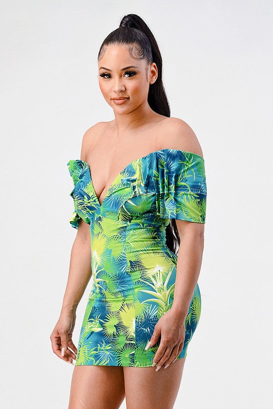 ATHINA Neon Garden Off Shoulder Mini Dress