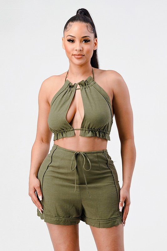 ATHINA Two Piece Halter Crop Top and Shorts Set