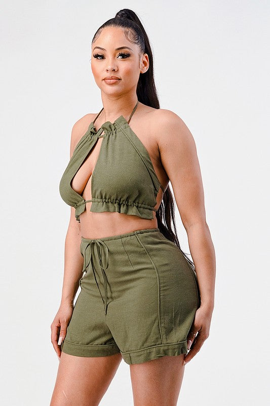 ATHINA Two Piece Halter Crop Top and Shorts Set