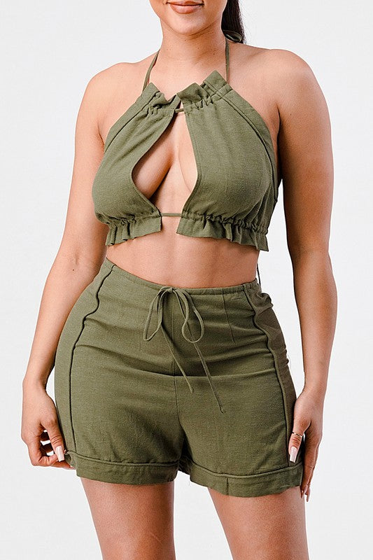 ATHINA Two Piece Halter Crop Top and Shorts Set