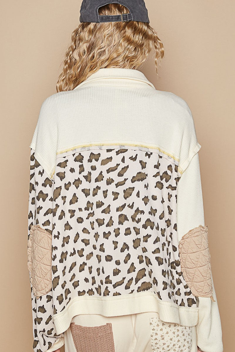 POL Leopard Exposed Seam Button Up Quilted Jacket in Cream Multi