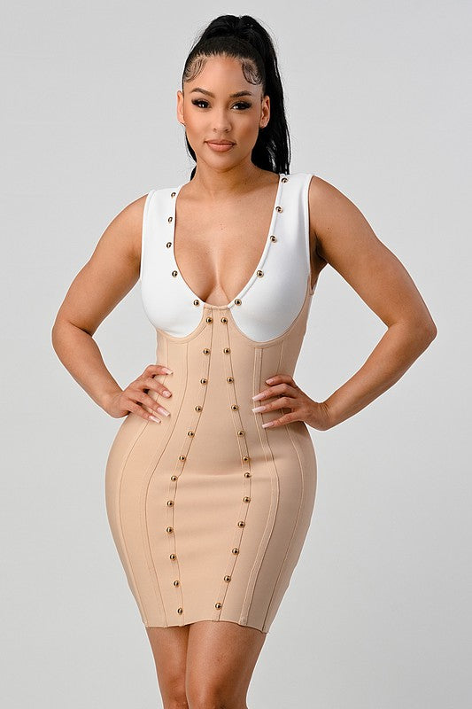 Athina Stunning Beads Color Block Bandage Mini Dress