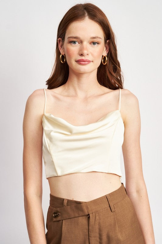 EMORY PARK COWL NECK SATIN BUSTIER TOP