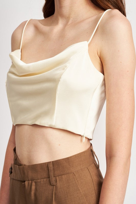 EMORY PARK COWL NECK SATIN BUSTIER TOP