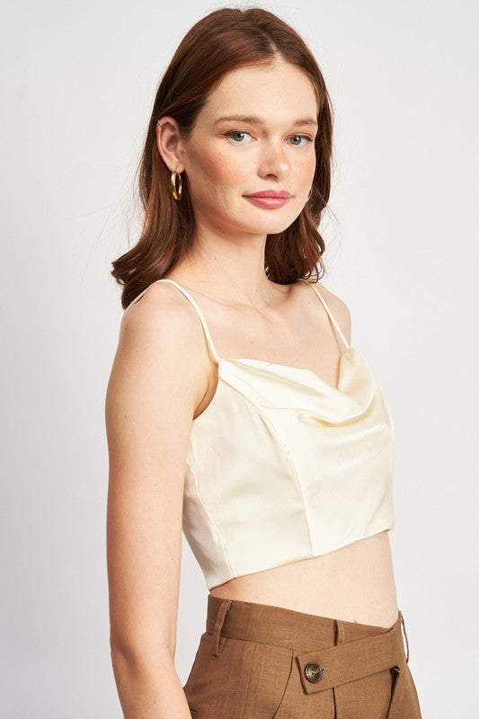 EMORY PARK COWL NECK SATIN BUSTIER TOP