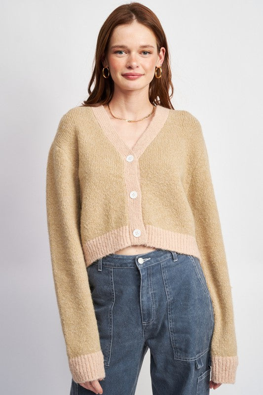 EMORY PARK V NECK CONTRASTED CROPPED CARDIGAN