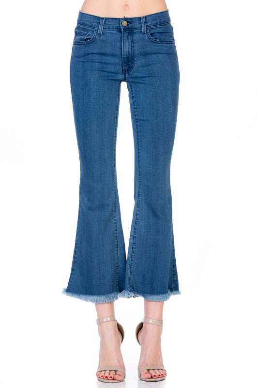 O2 Denim Cropped Raw Hem Mid Rise Flare Leg Denim Jeans in 3 Colors