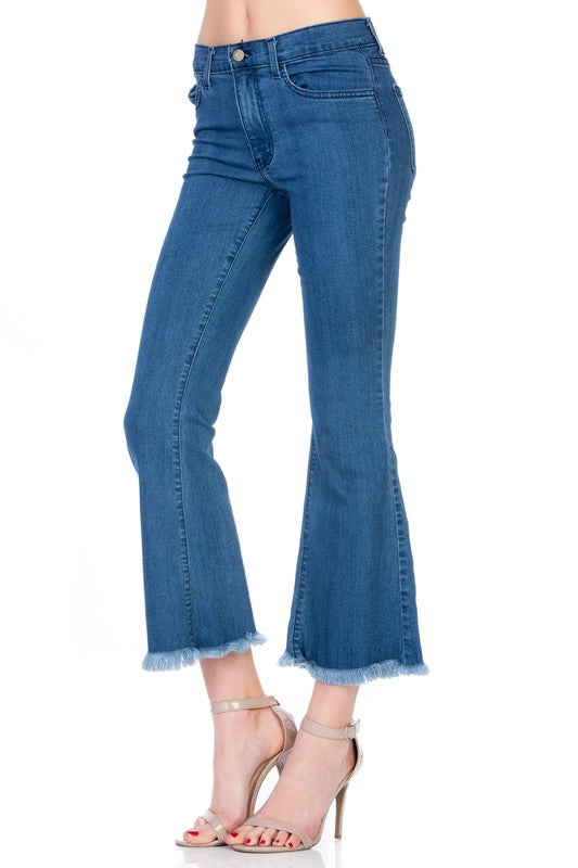 O2 Denim Cropped Raw Hem Mid Rise Flare Leg Denim Jeans in 3 Colors