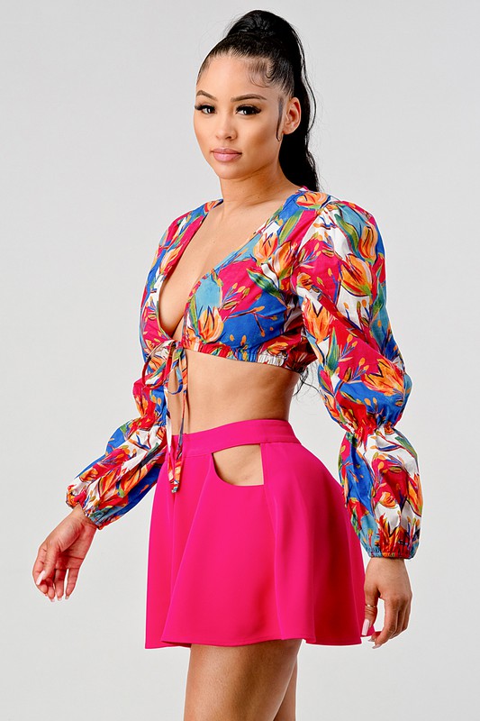 Athina Two Piece Long Sleeve Crop Top and Cutout Pants Set