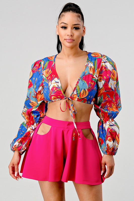 Athina Two Piece Long Sleeve Crop Top and Cutout Pants Set