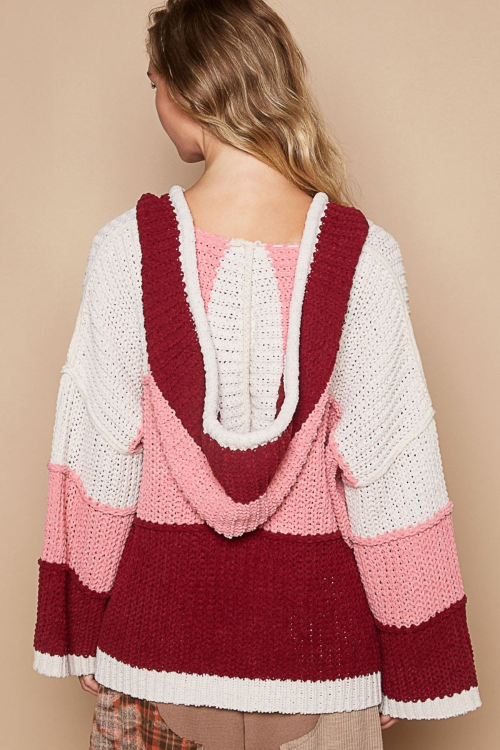 POL Colorblock Bell Sleeve Ribbed Hooded Sweater in Pink Burgundy Multi Relaxed Fit Drawstring