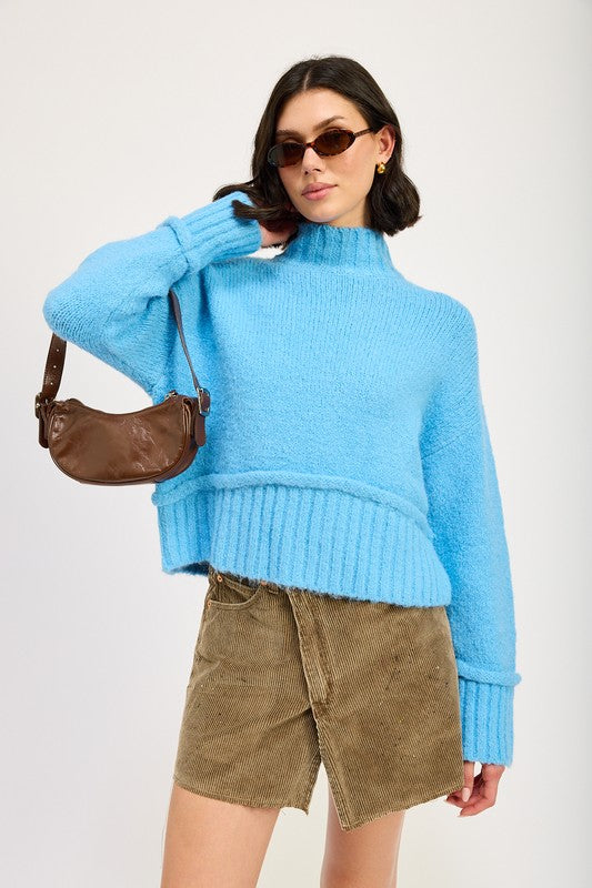 Emory Park Seamed Ribbed Knit Turtleneck Sweater in Sky Blue NWT