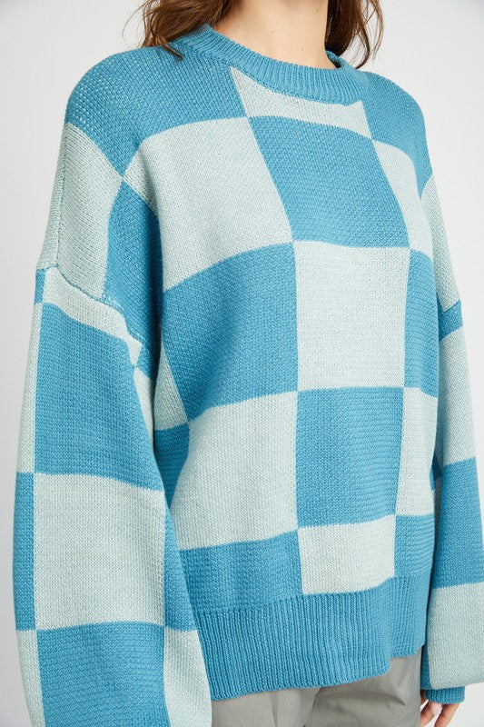 EMORY PARK CHECKERED SWEATER WITH BUBBLE SLEEVES