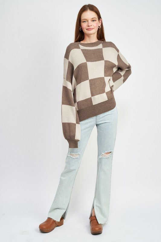 EMORY PARK CHECKERED SWEATER WITH BUBBLE SLEEVES