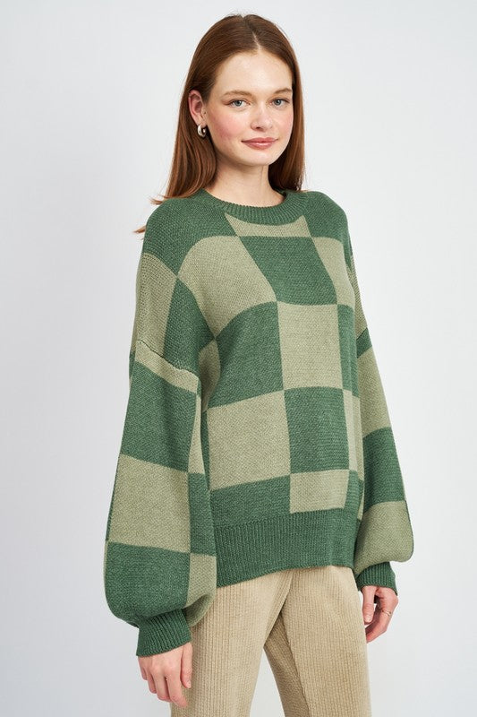 EMORY PARK CHECKERED SWEATER WITH BUBBLE SLEEVES