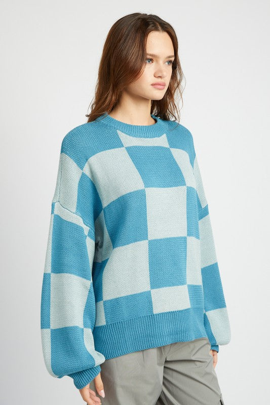 EMORY PARK CHECKERED SWEATER WITH BUBBLE SLEEVES