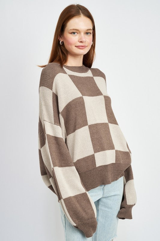 EMORY PARK CHECKERED SWEATER WITH BUBBLE SLEEVES