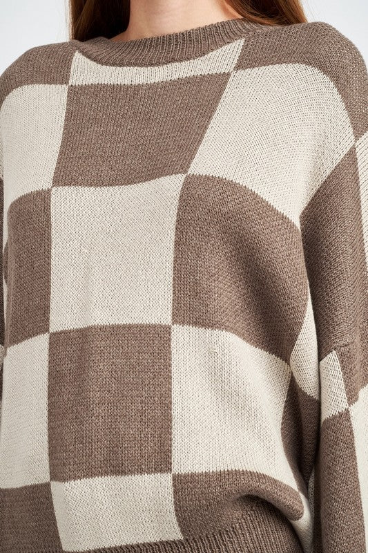 EMORY PARK CHECKERED SWEATER WITH BUBBLE SLEEVES