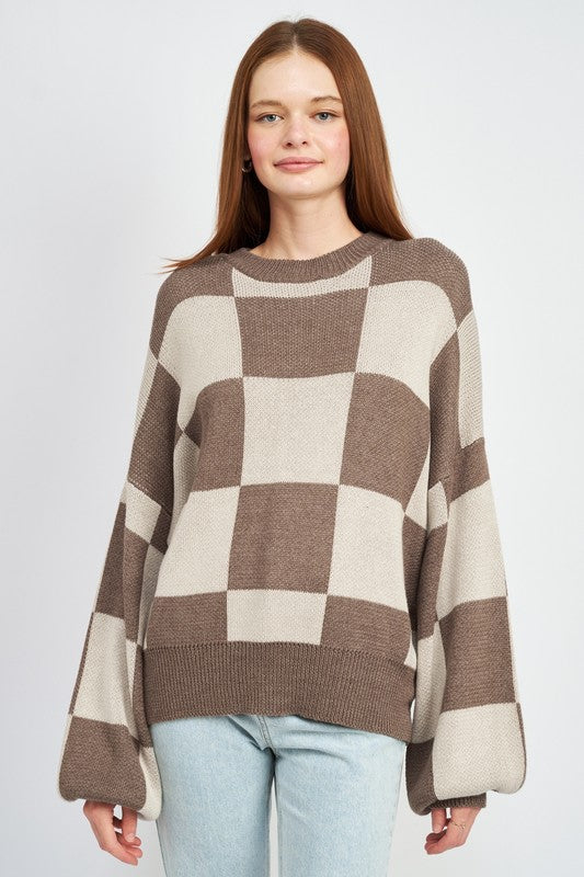 EMORY PARK CHECKERED SWEATER WITH BUBBLE SLEEVES