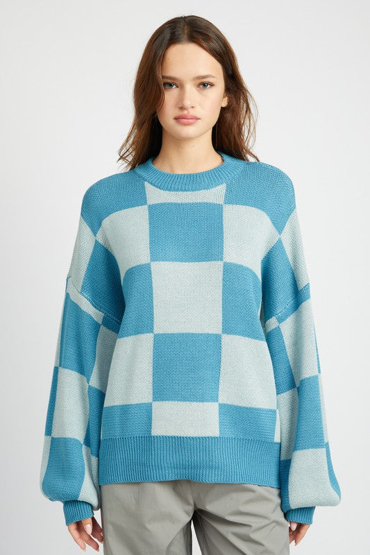 EMORY PARK CHECKERED SWEATER WITH BUBBLE SLEEVES