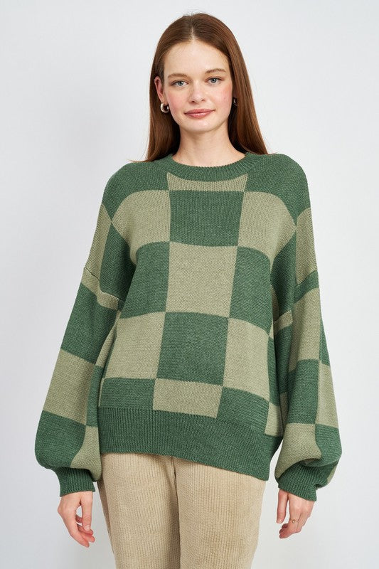 EMORY PARK CHECKERED SWEATER WITH BUBBLE SLEEVES