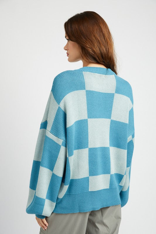 EMORY PARK CHECKERED SWEATER WITH BUBBLE SLEEVES