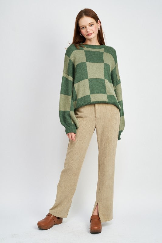 EMORY PARK CHECKERED SWEATER WITH BUBBLE SLEEVES