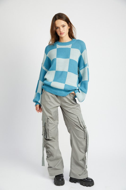 EMORY PARK CHECKERED SWEATER WITH BUBBLE SLEEVES