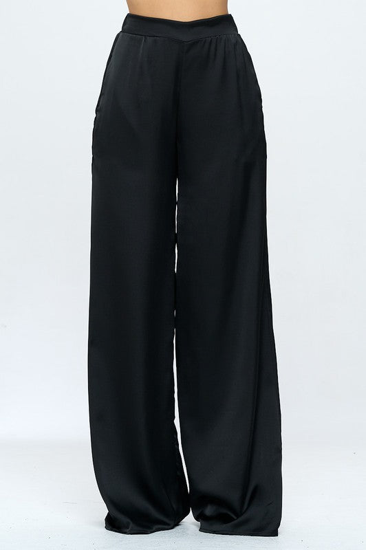 Stretch Satin Pants Elastic Waist and Pockets