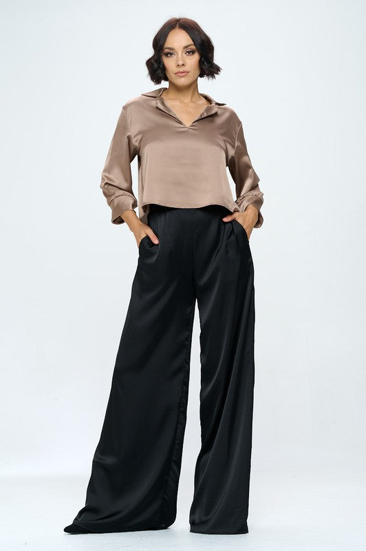 Stretch Satin Pants Elastic Waist and Pockets