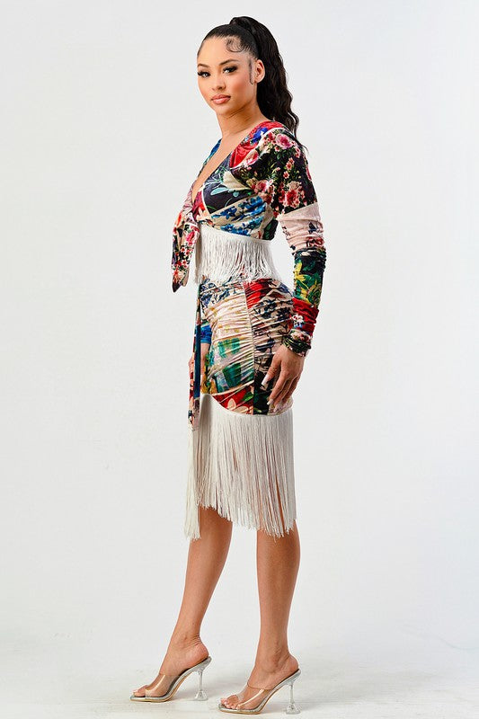 Athina Multi Print Fringed Long Sleeve Crop Top and Skirt Set