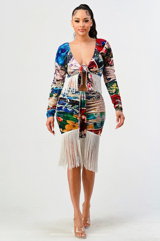 Athina Multi Print Fringed Long Sleeve Crop Top and Skirt Set