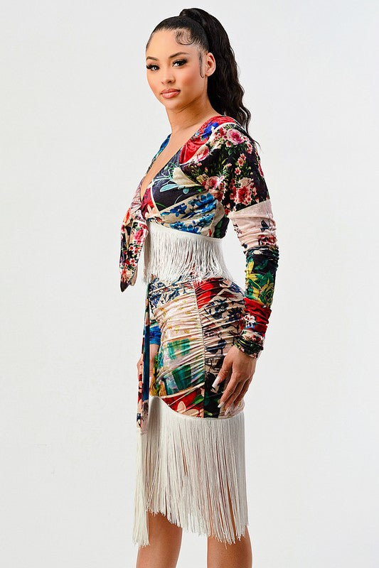 Athina Multi Print Fringed Long Sleeve Crop Top and Skirt Set