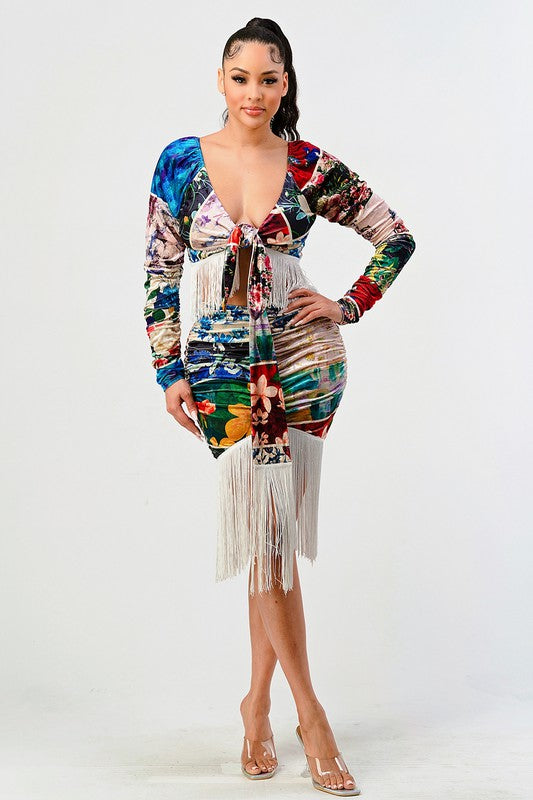 Athina Multi Print Fringed Long Sleeve Crop Top and Skirt Set