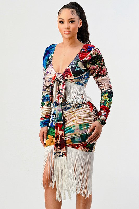 Athina Multi Print Fringed Long Sleeve Crop Top and Skirt Set