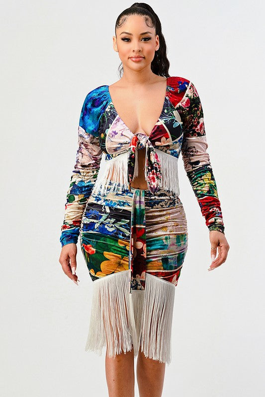 Athina Multi Print Fringed Long Sleeve Crop Top and Skirt Set