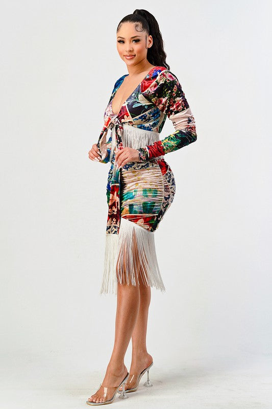 Athina Multi Print Fringed Long Sleeve Crop Top and Skirt Set