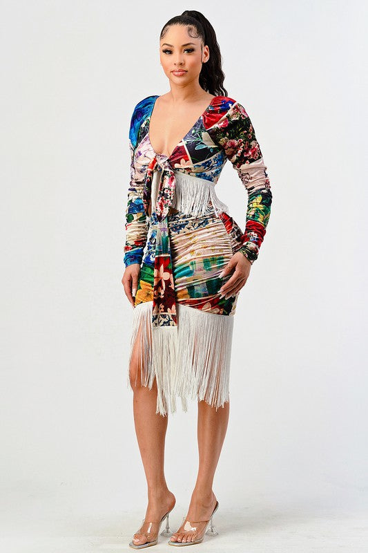 Athina Multi Print Fringed Long Sleeve Crop Top and Skirt Set