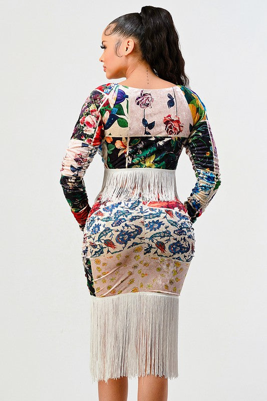 Athina Multi Print Fringed Long Sleeve Crop Top and Skirt Set