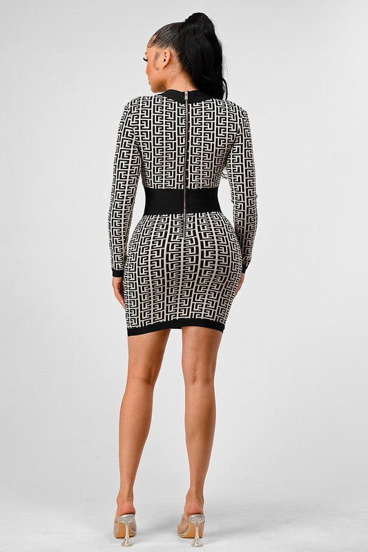 ATHINA BLACK AND WHITE PRINT BANDAGE DRESS