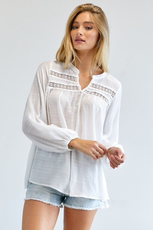 Davi & Dani Eyelet Long Sleeve V-Neck Blouse in Off White