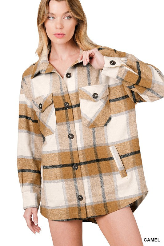 Zenana Oversized Yarn Dyed Plaid Shirt Jacket in Black or Camel