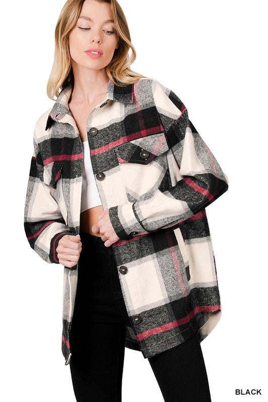 Zenana Oversized Yarn Dyed Plaid Shirt Jacket in Black or Camel