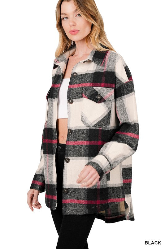 Zenana Oversized Yarn Dyed Plaid Shirt Jacket in Black or Camel