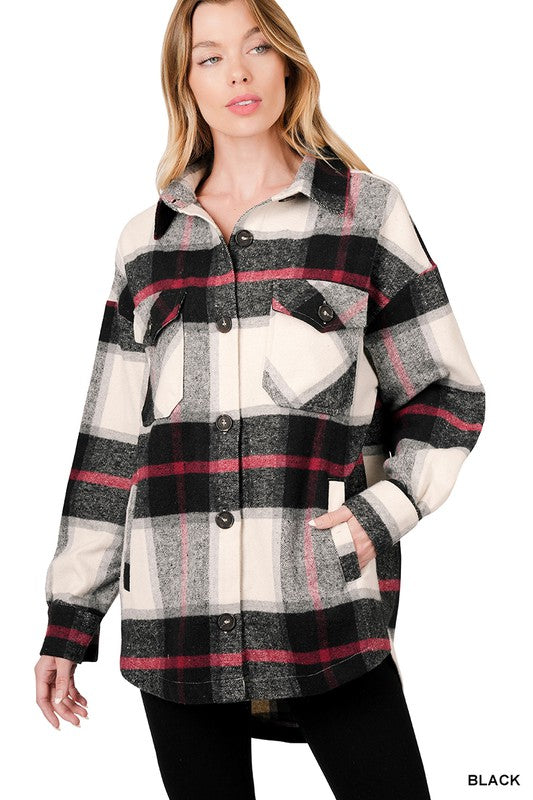 Zenana Oversized Yarn Dyed Plaid Shirt Jacket in Black or Camel