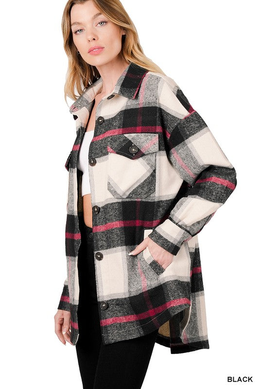 Zenana Oversized Yarn Dyed Plaid Shirt Jacket in Black or Camel